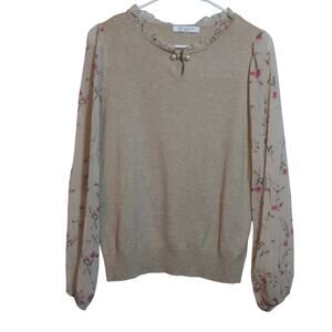 Siani Milano Sweater WomensBeige Floral Sheer Sleeves Ruffle Pearl Collar Size M